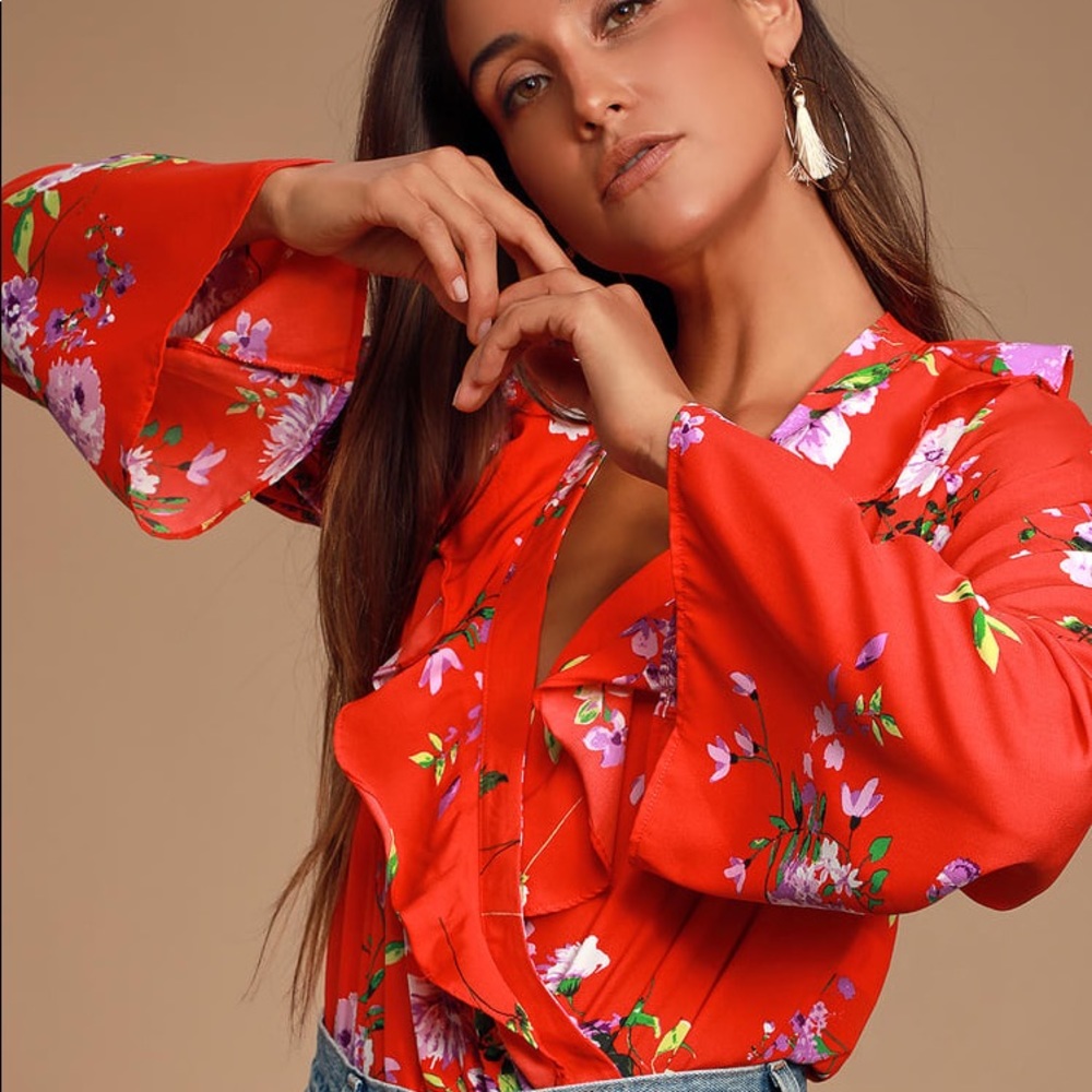 Lulus Red Floral Print Long Sleeve Body Suit